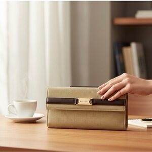 Bvlgari W Hook Continental Wallet Beige Brown